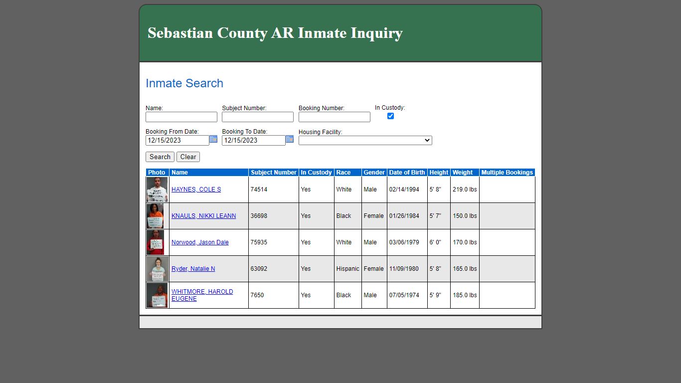 Inmate Search - Sebastian County, Arkansas